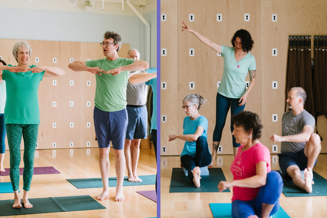 Images of Whitney and Letitia teaching yoga class.